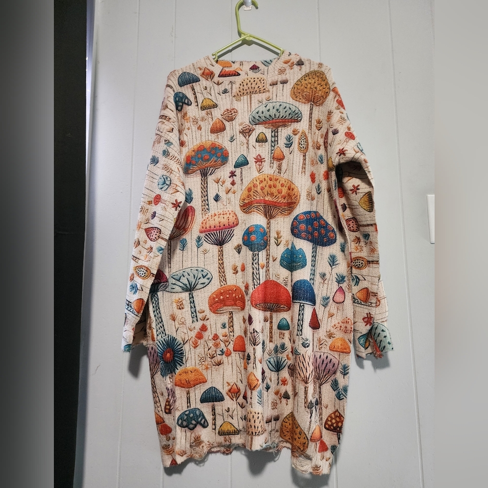 NIP Distressed Look Colorful Mushrooms Oversized Sweater - Picture 2 of 13